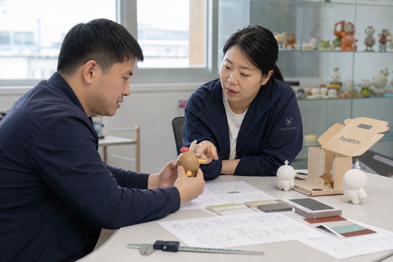 Asian product team reviewing toy concept sketches, a prototype and packaging structure