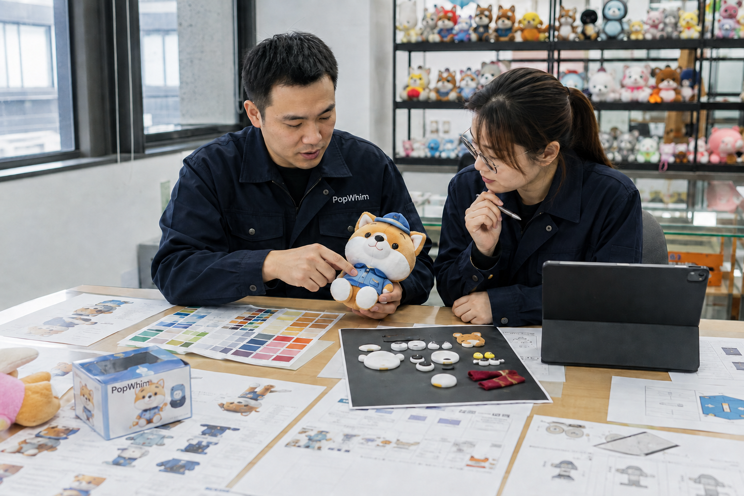 Asian product team reviewing a plush toy sample, material swatches and design sheets