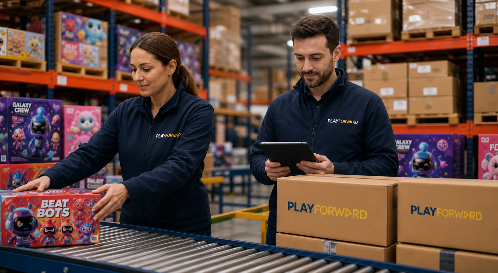 Toy cartons and warehouse shipment preparation