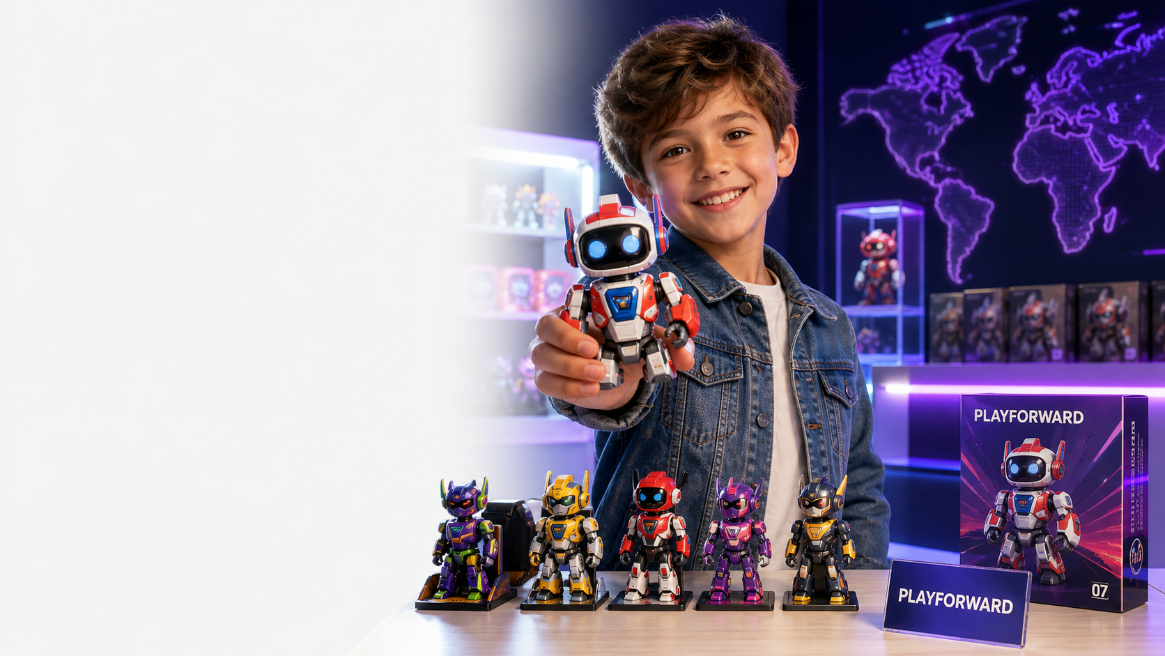 Child presenting a collectible robot toy beside a colorful PopWhim range