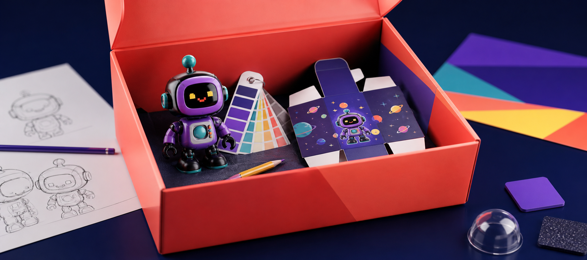 Private-label toy concepts and packaging on a studio table